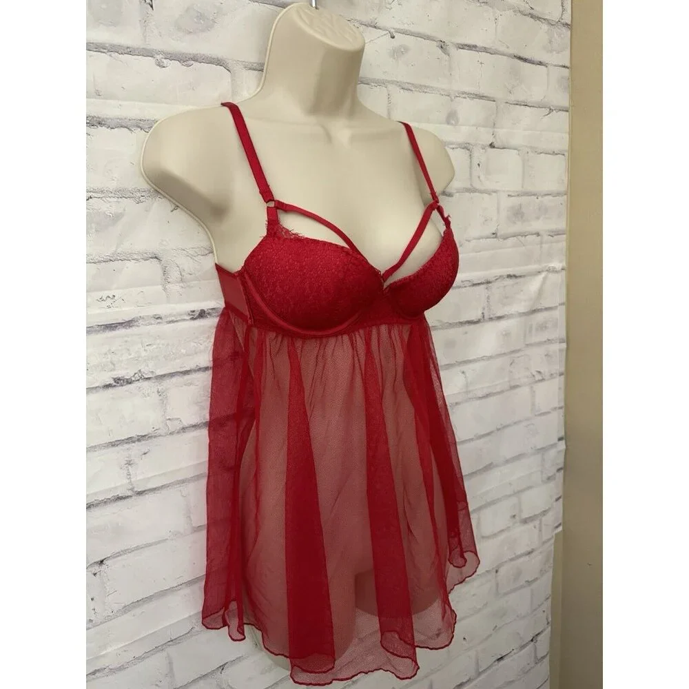 Victoria’s Secret Size 32C Red Push Up Babydoll‎ Chiffon Lace Neglige